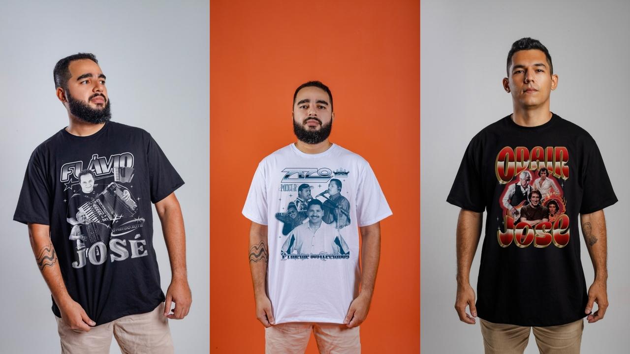 Camisetas da Tome Tento homenageiam cantores populares, como Flávio José, Zezo e Odair José