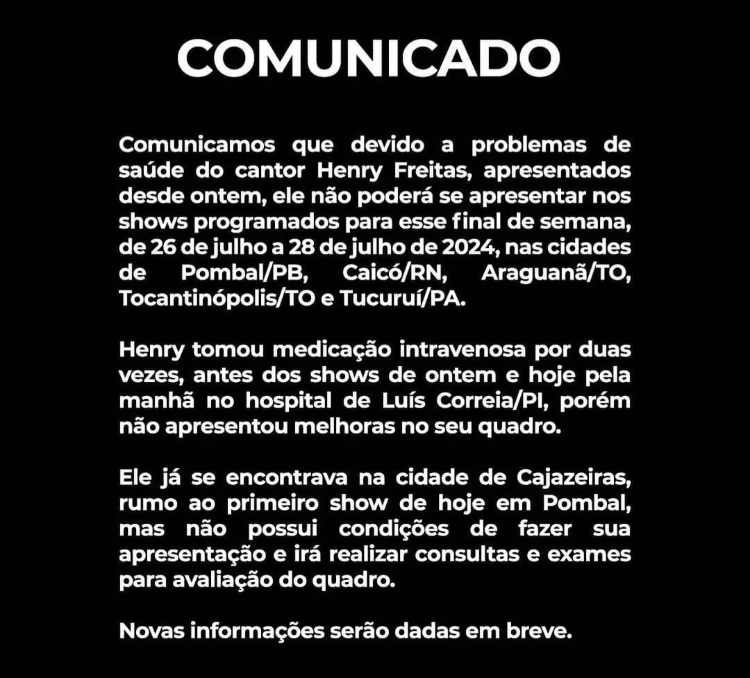 Cantor Henry Freitas cancelou shows e voltou para casa por motivos de saúde