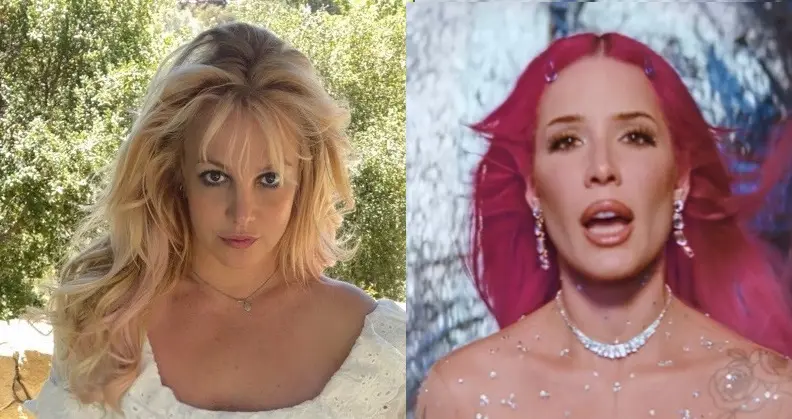 Montagem com foto de Britney Spears  à esquerda e de Halsey à direita