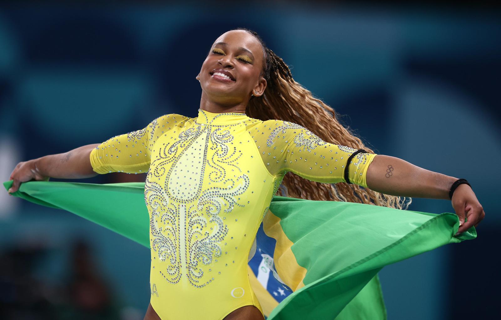 Rebeca Andrade em ação durante Jogos Olímpicos de Paris 2024