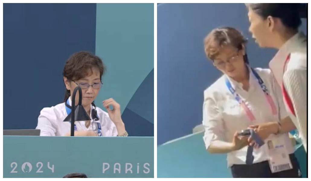 Árbitra chinesa de ginástica artística é vista segurando medalha de prata em Paris 2024