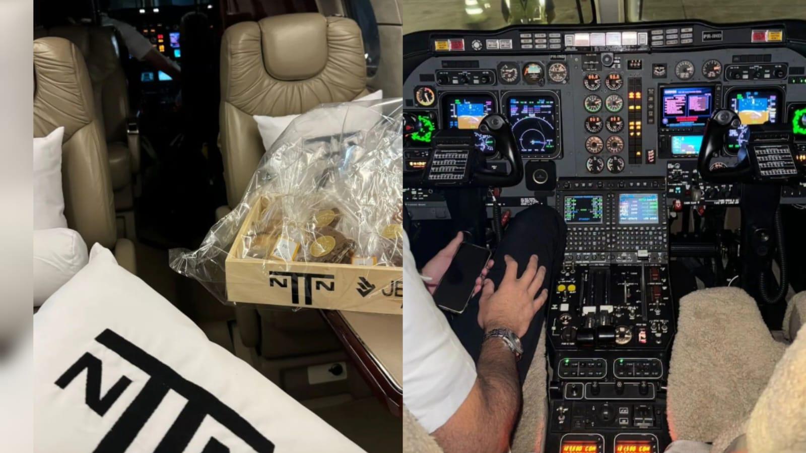 Cantor mostrou almofadas personalizadas deixadas por equipe e também revelou o cockpit da aeronave