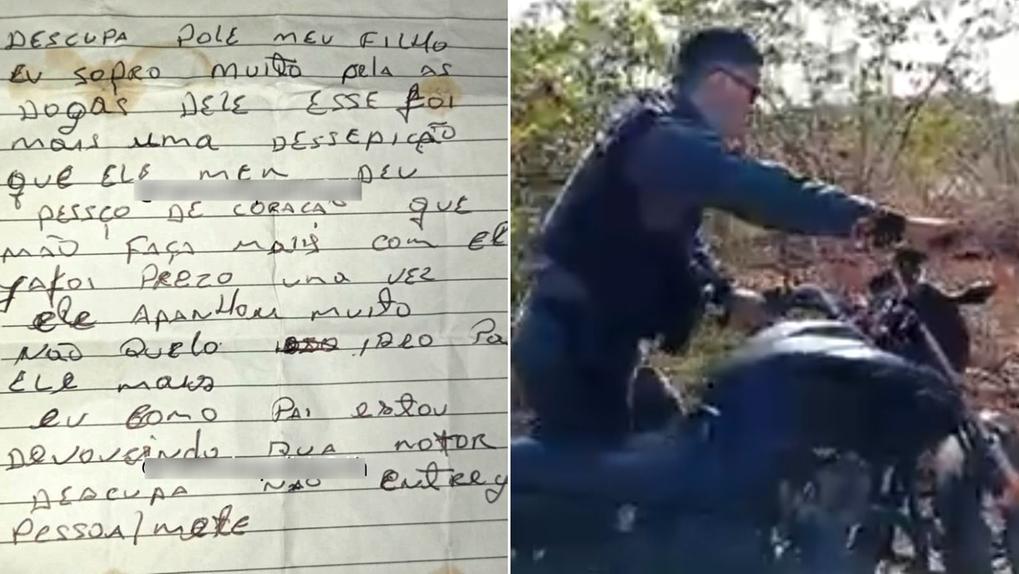 Colagem mostra foto de bilhete deixado por pai de suspeito de roubar moto em Camocim ao lado de imagem de policiais recuperando a motocicleta. Pai de suspeito devolve motocicleta roubada e deixa bilhete, em Camocim: Desculpa pelo meu filho