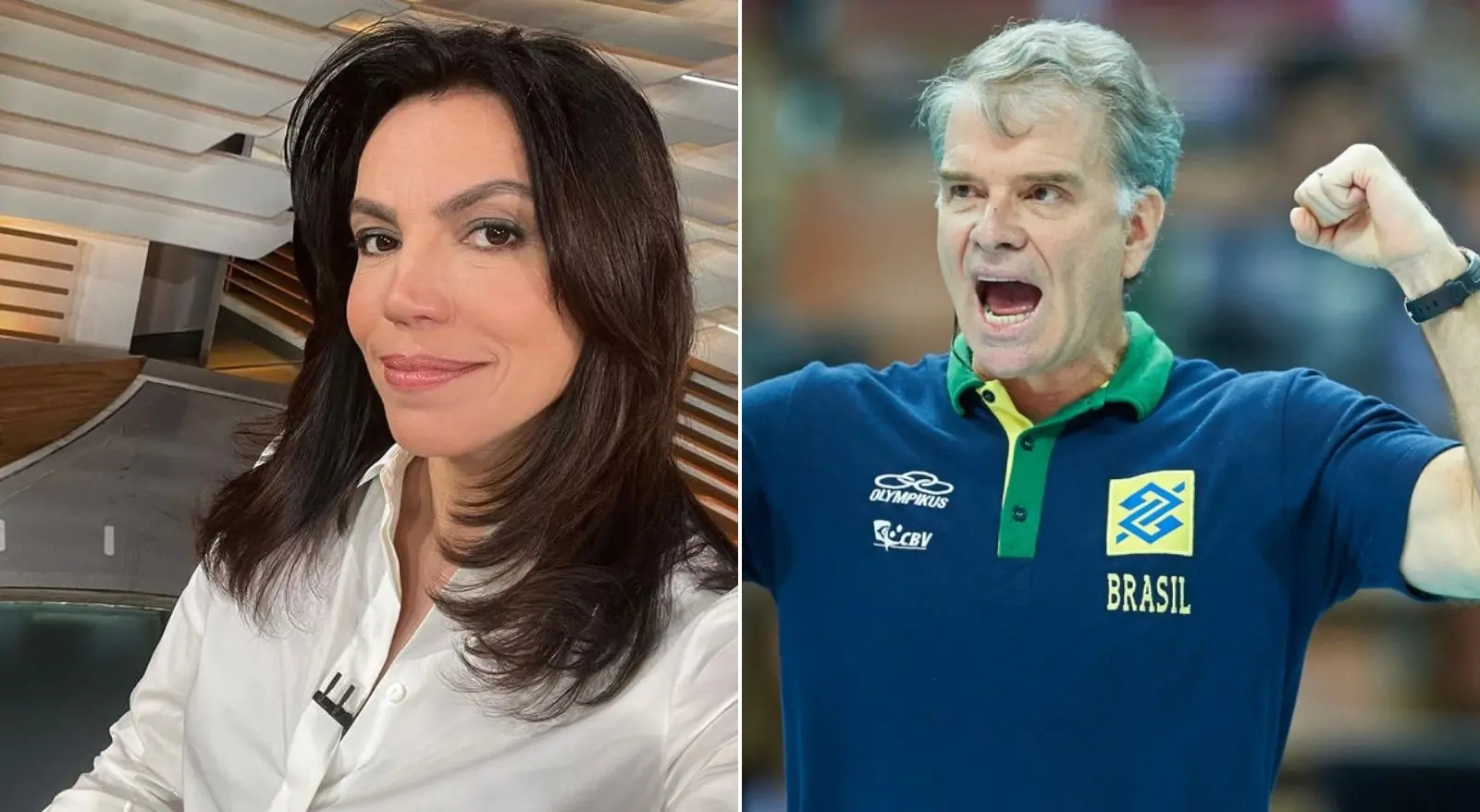 Colagem traz imagens da jornalista da TV Globo Ana Paula Araújo, à esquerda, e do técnico da seleção de vôlei Bernardinho, à direita. Apresentadora da Globo, Ana Paula Araújo vive romance com Bernardinho, diz revista