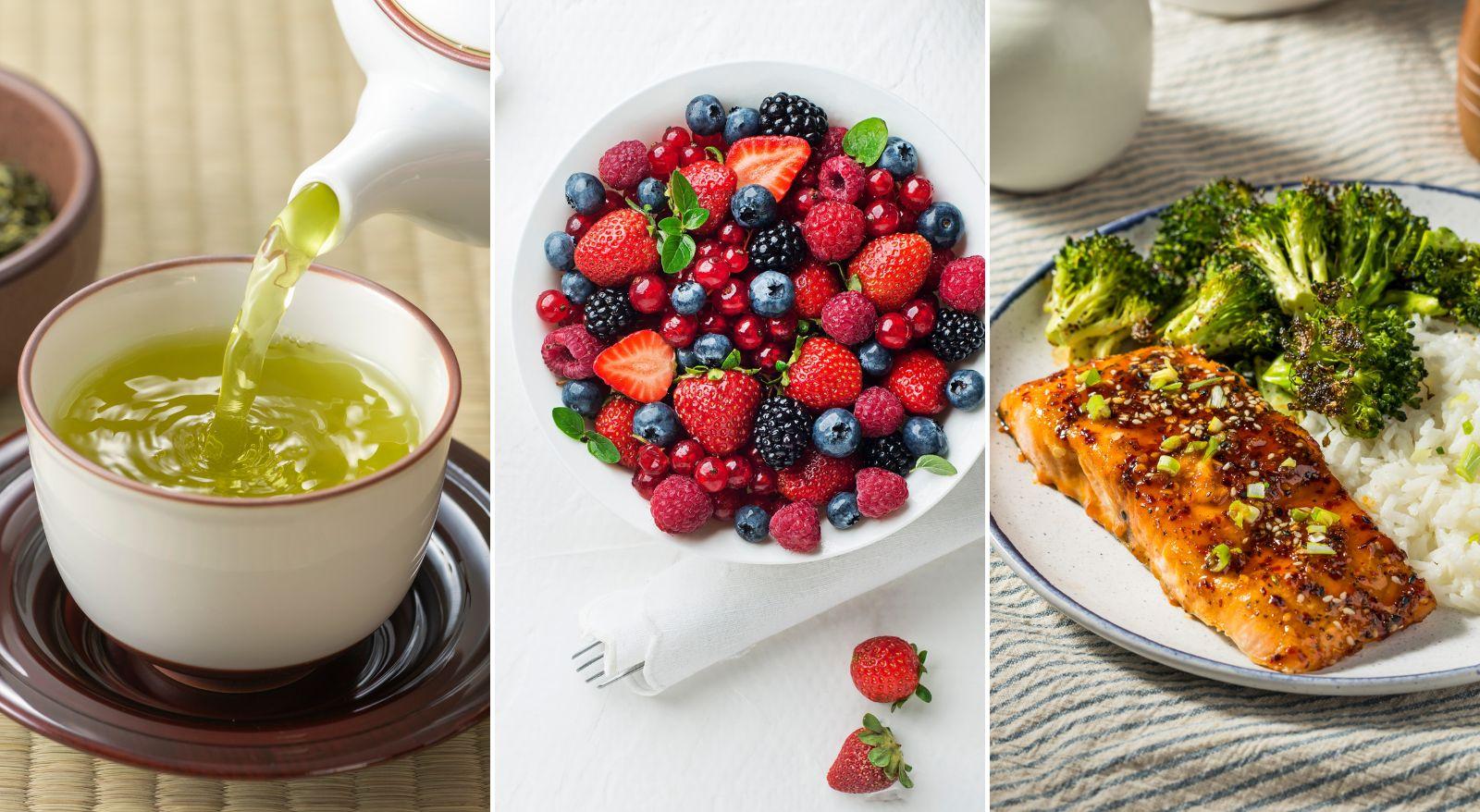 Colagem com imagens de, respectivamente, xícara de chá de verde, bowl com frutas vermelhas e prato com salmão e brócolis grelhado. Endometriose: saiba quais alimentos inflamam e quais aliviam os sintomas da doença