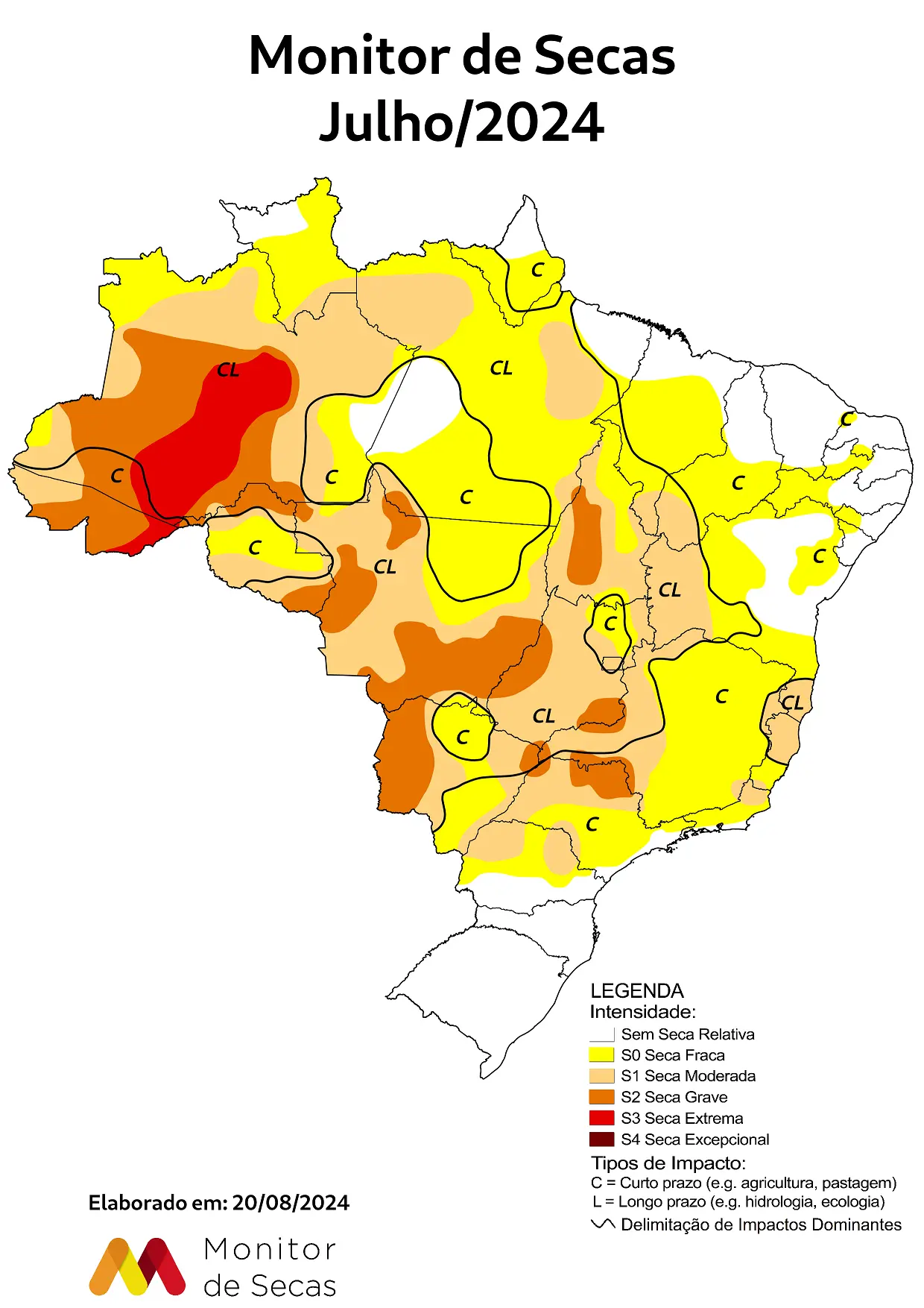 Mapa do monitor de secas em julho de 2024 mostrando áreas de seca no Brasil