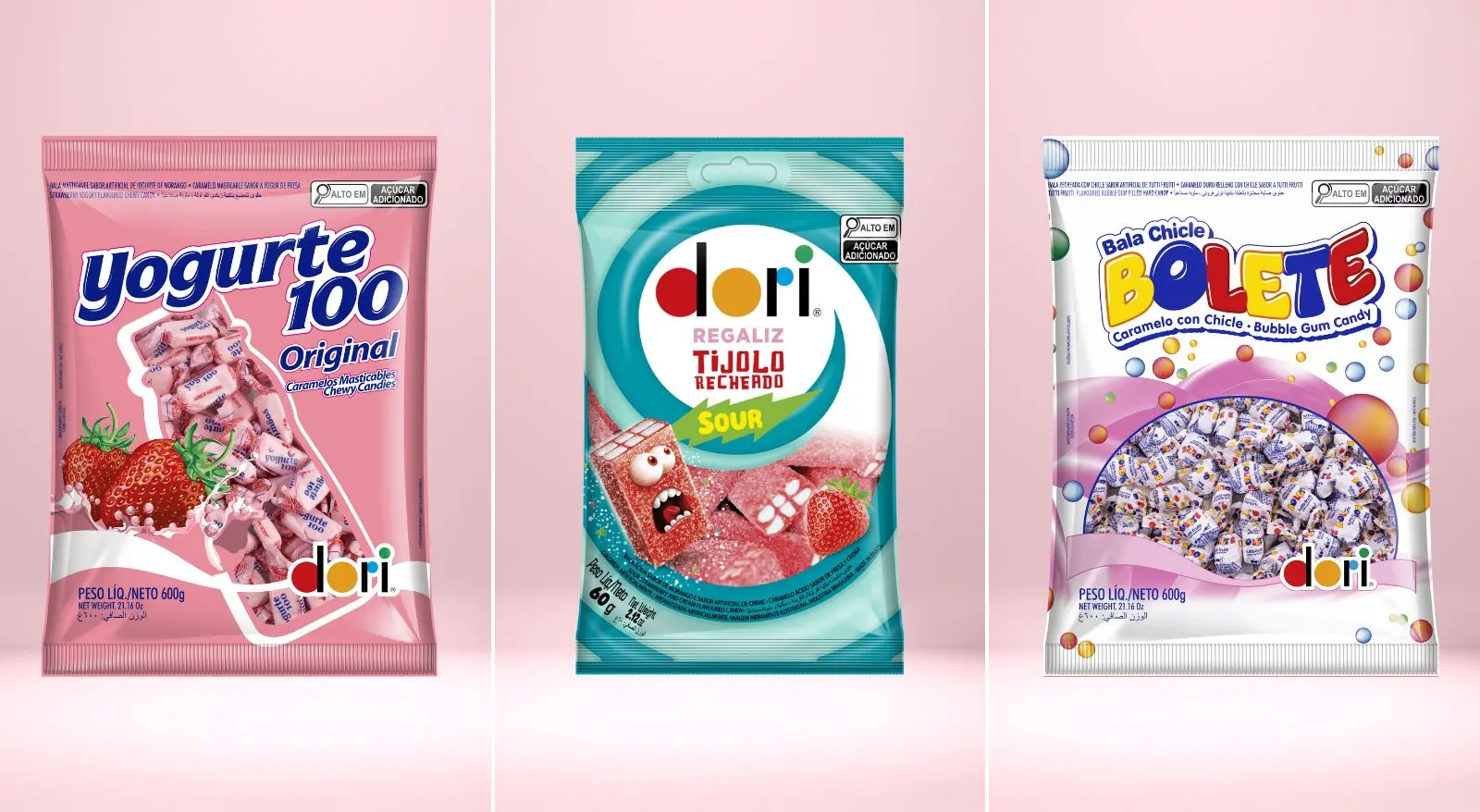 Montagem com imagens da balas yorgurt 100 morango à esquerda, dori regaliz tijolo ao meio e bolete tutti frutti à esquerda, que tiveram a venda de alguns lotes suspendida pela anvisa. Lotes de balas Dori têm venda suspensa pela Anvisa por risco de Salmonella; veja lista