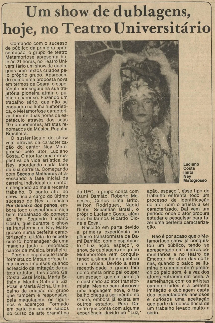 Matéria do Diário do Nordeste de 29/10/82 destaca uma apresentação do grupo Metamorfose em Fortaleza