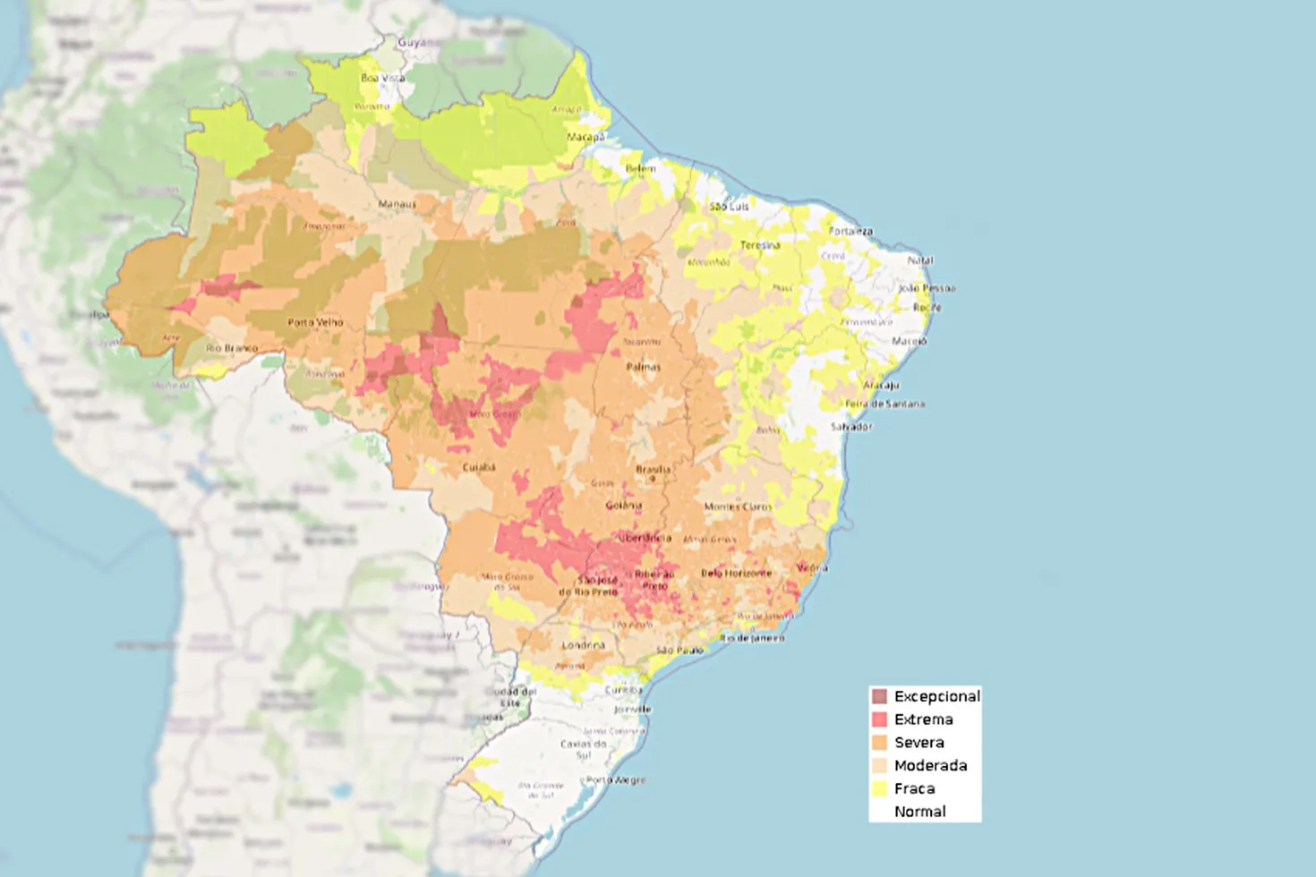 Mapa das secas no Brasil em 29 de agosto de 2024, disponibilizado pelo Cemaden. Pelo menos 10 estados estão com estágio 