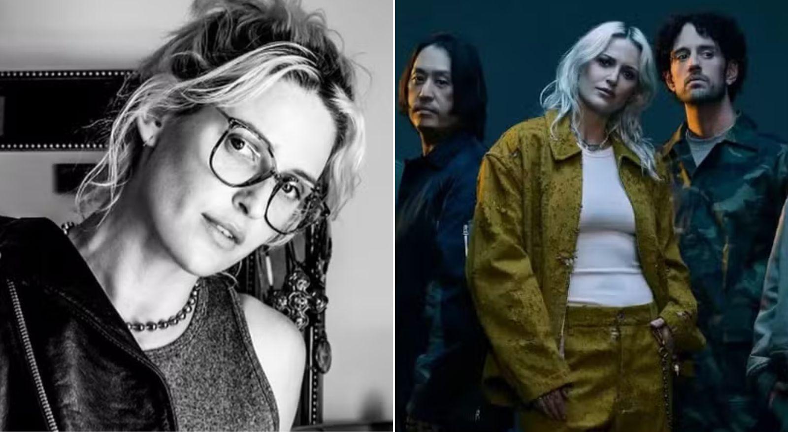 Colagem com imagens de Emily Armstrong, à esquerda, e a nova formação do Linkin Park. Saiba quem é Emily Armstrong, nova vocalista da banda Linkin Park