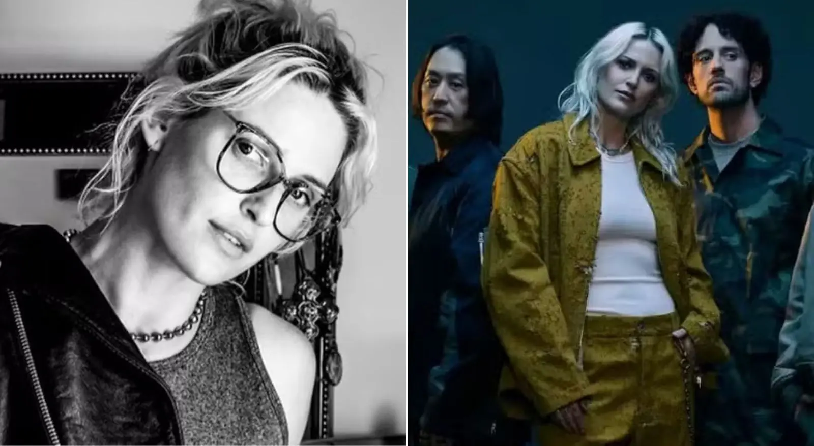 Colagem com imagens de Emily Armstrong, à esquerda, e a nova formação do Linkin Park. Saiba quem é Emily Armstrong, nova vocalista da banda Linkin Park