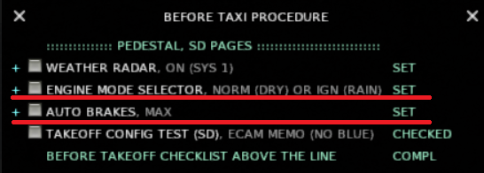 Setlist de ações para antes do Taxi da aeronave (após partida de motores)