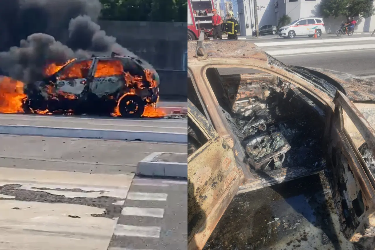fotos de carro pegando fogo na via expressa em fortaleza
