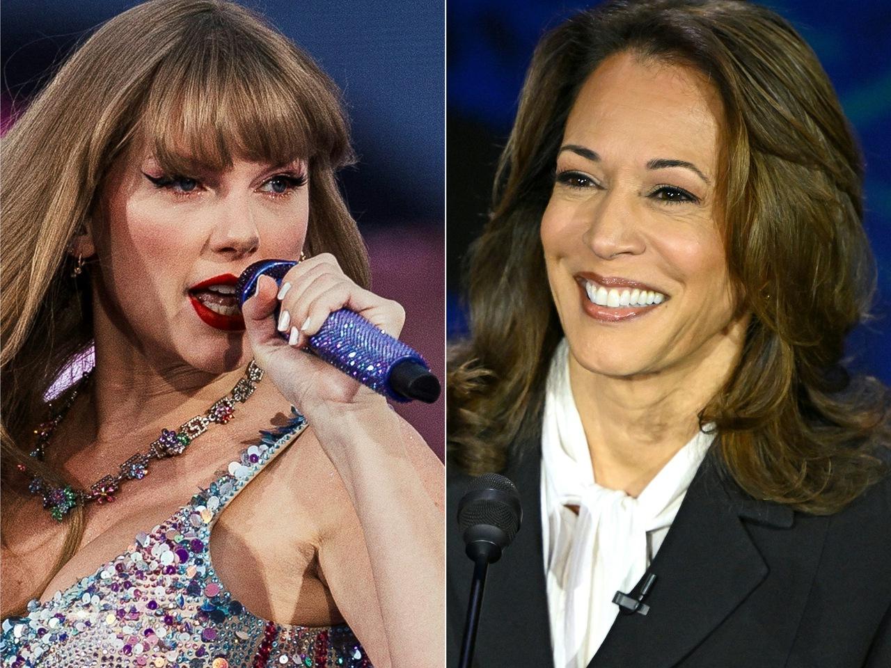 Colagem com imagens de Kamala Harris, à direita, e Taylor Swift, à esquerda. Taylor Swift declara apoio a Kamala Harris após polêmica envolvendo Trump e IA