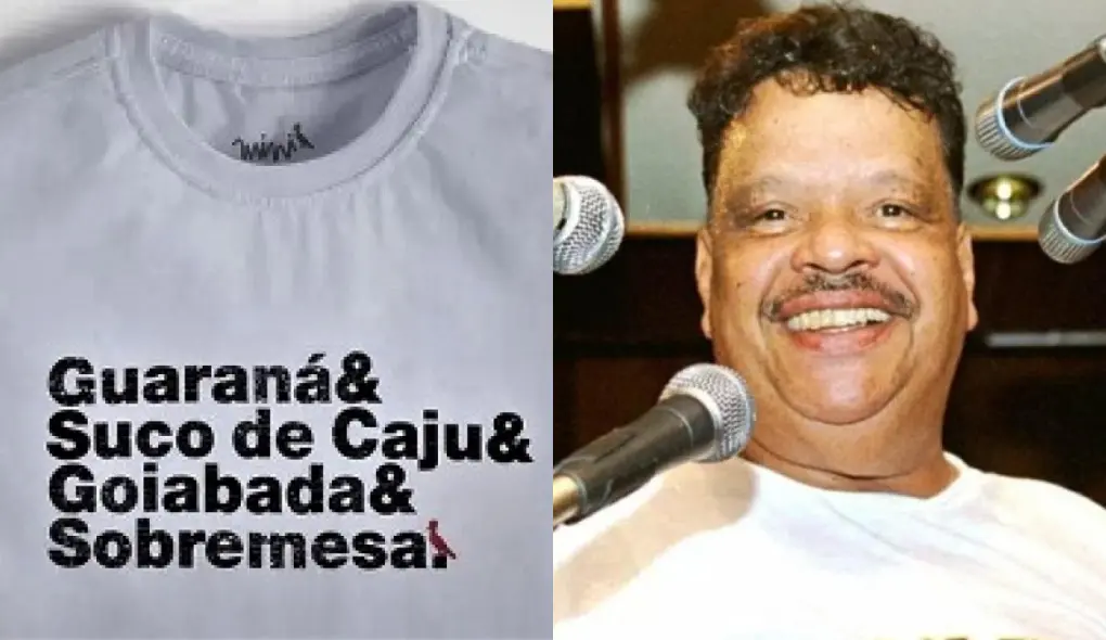 blusa com inscrição Guaraná & Suco de Caju & Goiabada & Sobremesa, música de Tim Maia