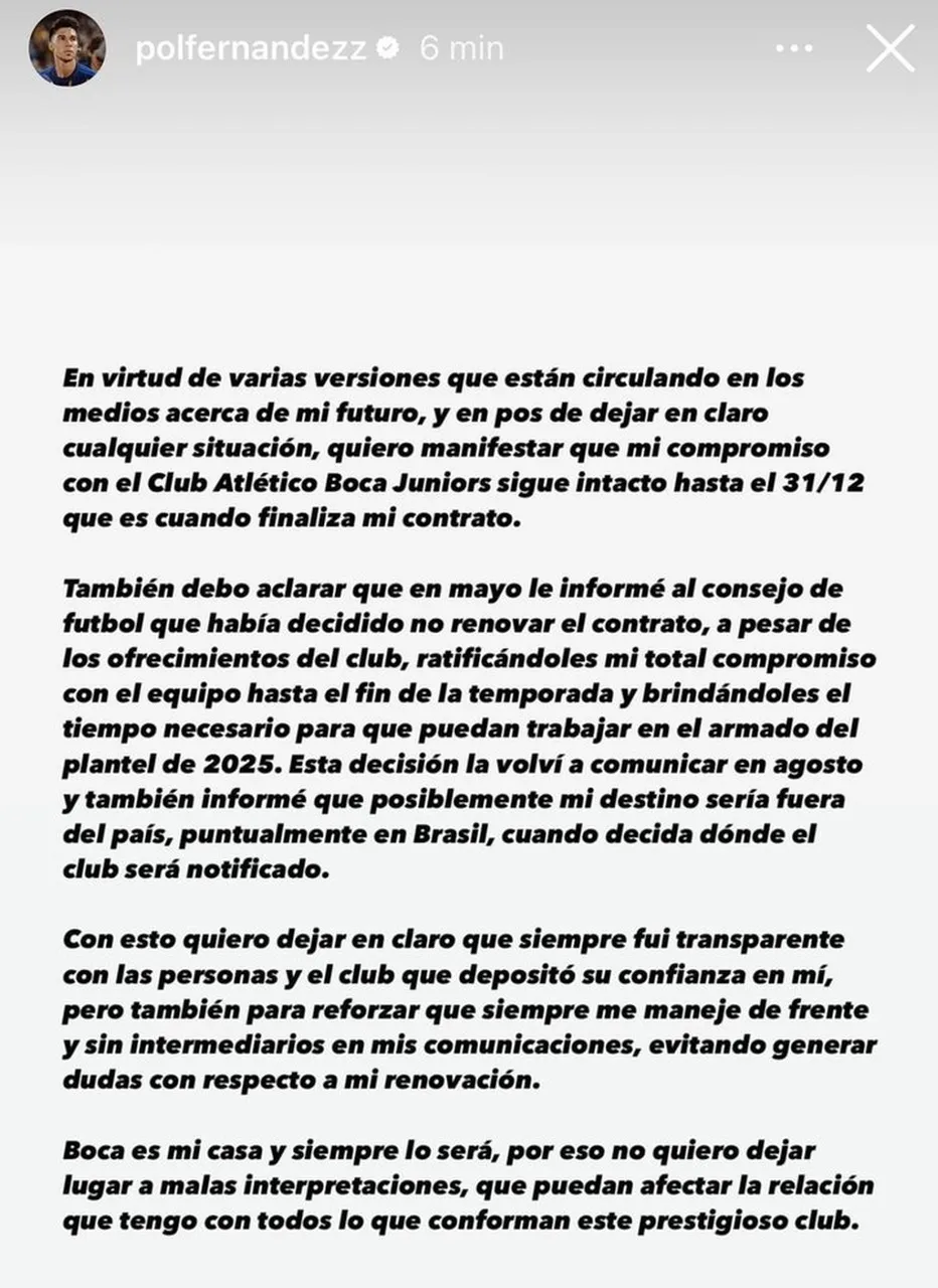 Post de Pol Fernández sobre o Boca e sua não renovação de contrato