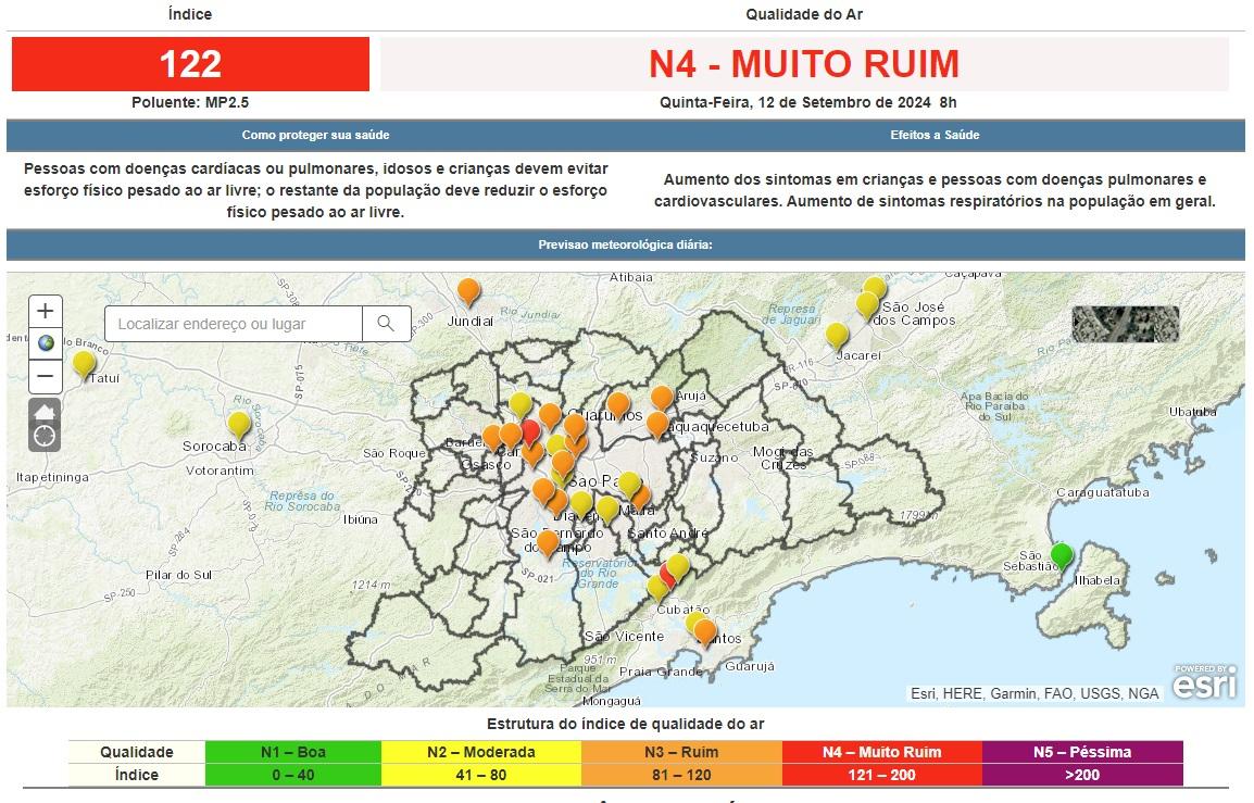 Dados da qualidade do ar da Região Metropolitana de São Paulo da manhã desta quinta-feira (12)