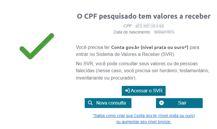 Mensagem que aparece quando o CPF possui valores a receber