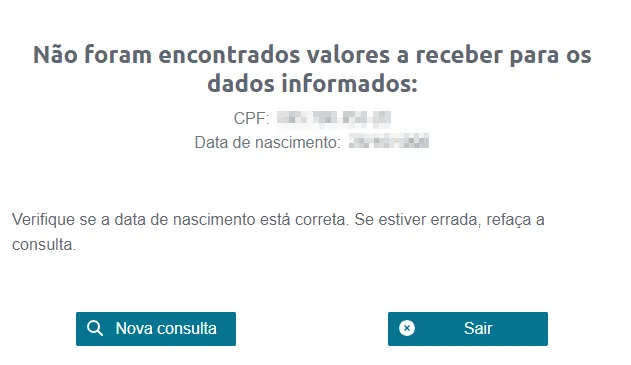 Mensagem que aparece quando o CPF não possui valores a receber