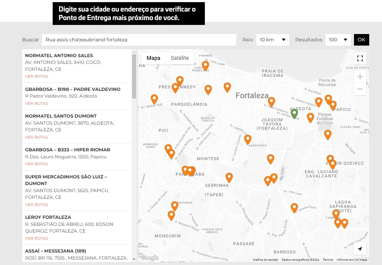 Os locais em que é possível descartar as lâmpadas aparecem como pontos laranjas no mapa