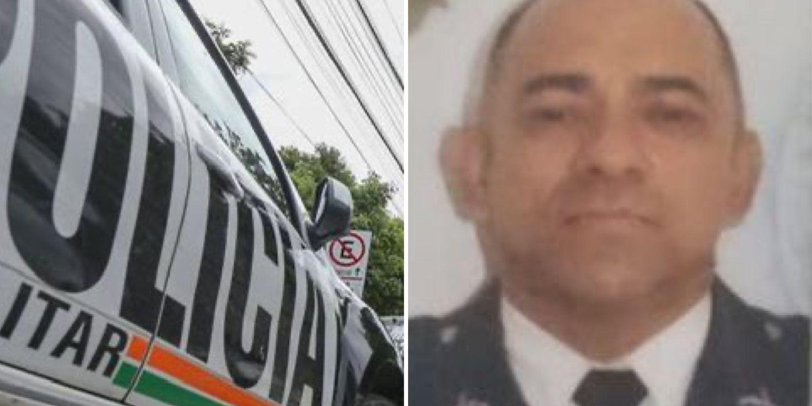 Montagem de fotos mostra à esquerda uma viatura da PM e à direita o subtenente que foi morto a tiros