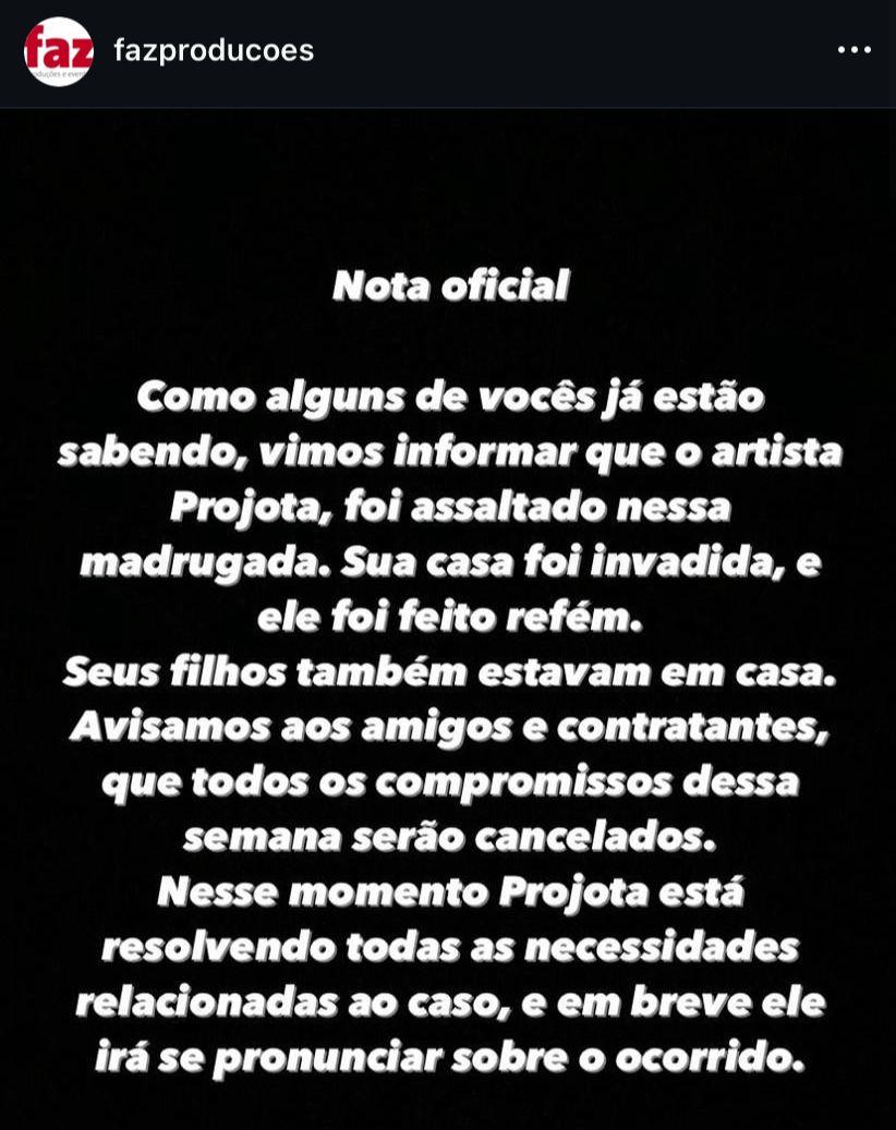 Nota publicada pela assessoria de Projota no Instagram