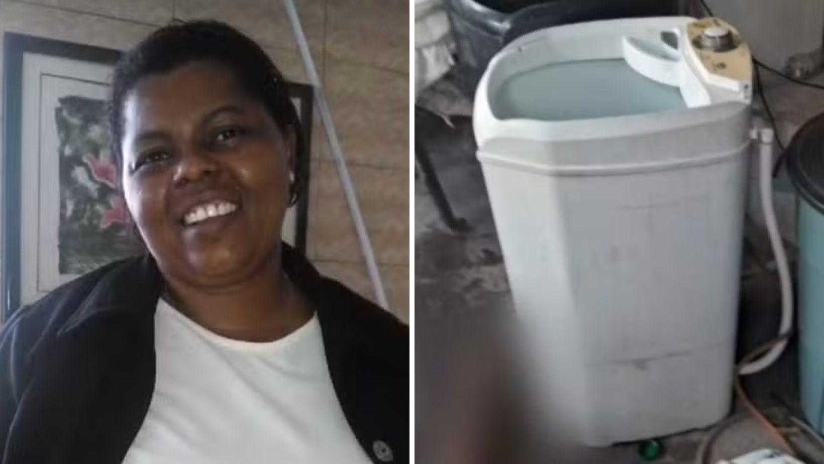 Montagem de mulher eletrocutada e máquina de lavar