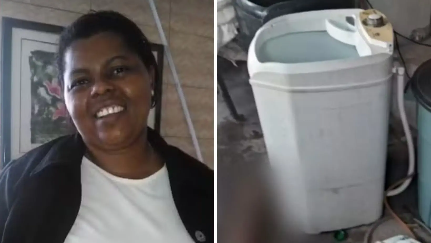 Montagem de mulher eletrocutada e máquina de lavar