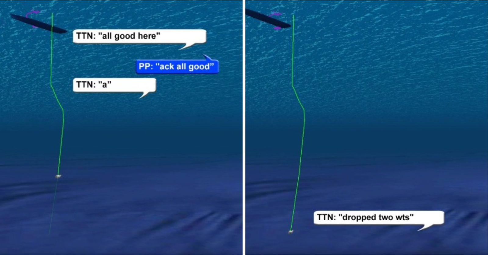 Mensagens trocadas entre a tripulação do Titan e o navio de apoio