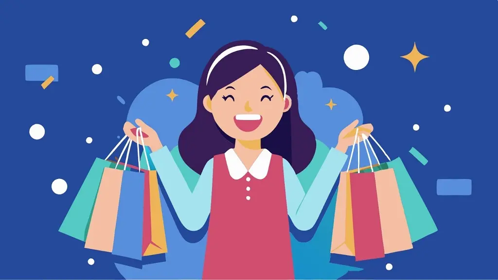 Desenho de uma moça segurando sacolas de compra enquanto sorri