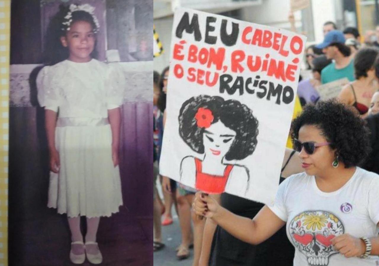 Foto à direita mostra criança de vestido branco, foto à esquerda mostra mulher negra segurando cartaz com frase sobre racismo