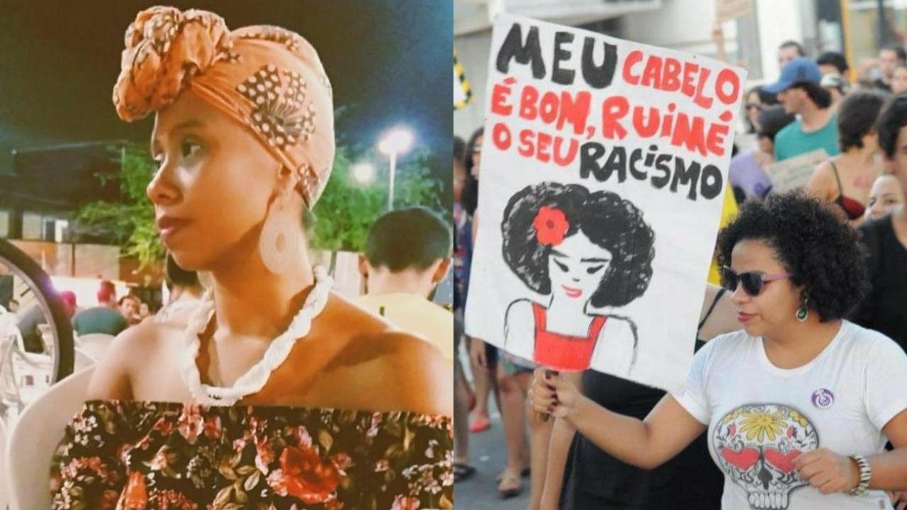 Tela divida mostra à direita uma mulher preta de turbante e à esquerda uma vestida de camiseta branca segurando um cartaz sobre racismo