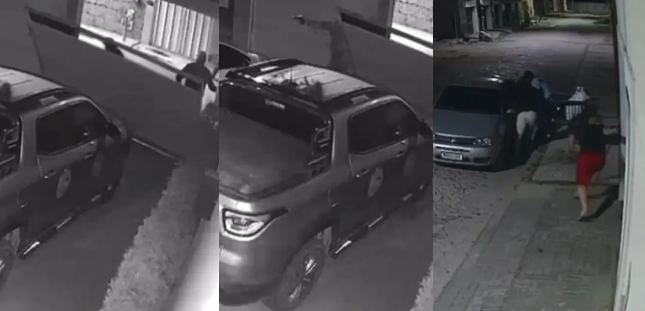 Montagem com três imagens de câmera de segurança. Na primeira, duas pessoas abrem o portão de uma casa após força-lo. Na segunda, um deles faz disparos com uma arma. Na última, um grupo de três pessoas foge.