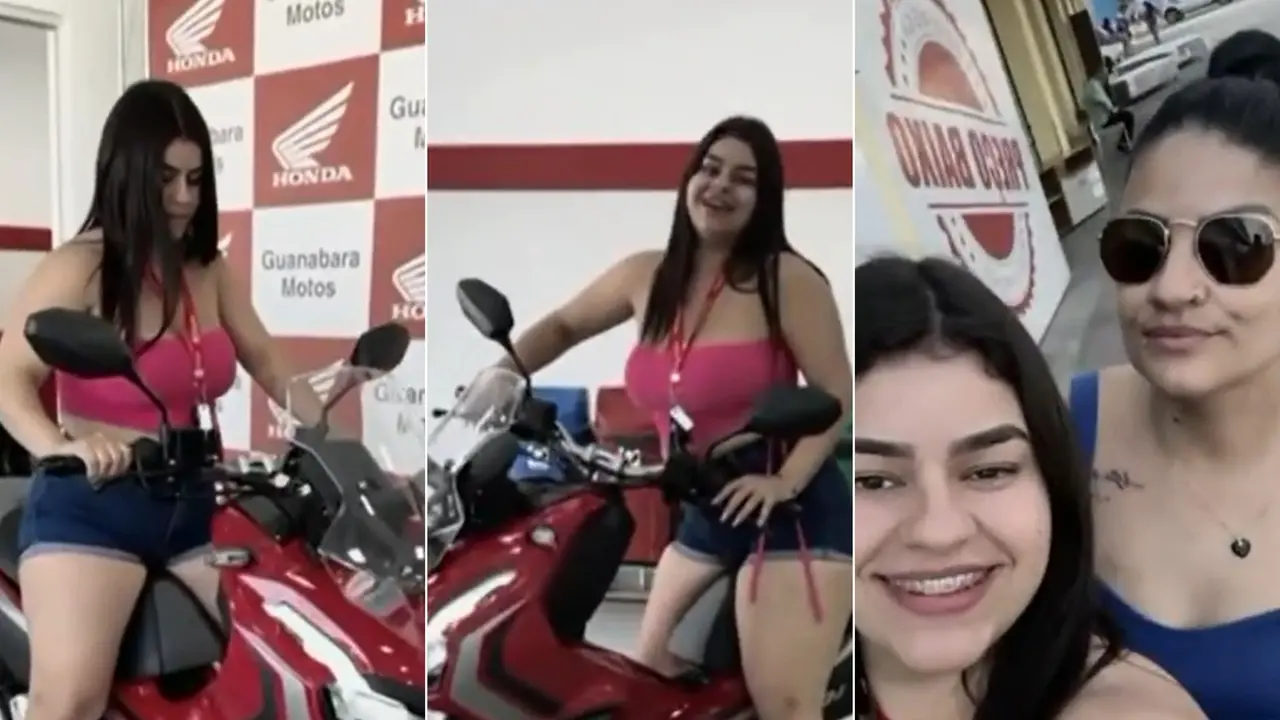 Colagem de imagens mostram irmãs com moto de R$ 35 mil antes de veículo ser roubado no Rio de Janeiro. Irmãs têm moto de R$ 34 mil roubada logo após saírem de concessionária no Rio de Janeiro