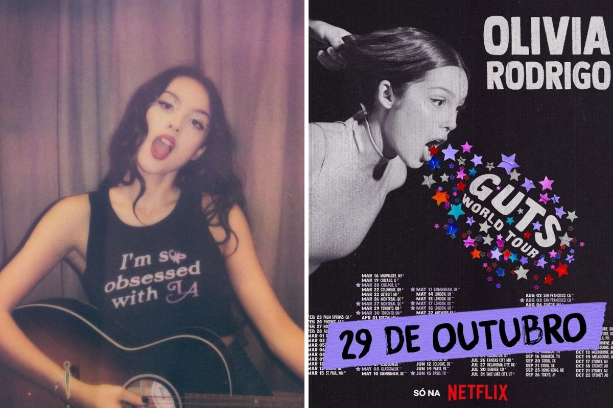 Cantora estadunidense Olivia Rodrigo e anúncio do filme da Guts Tour feito pela Netflix