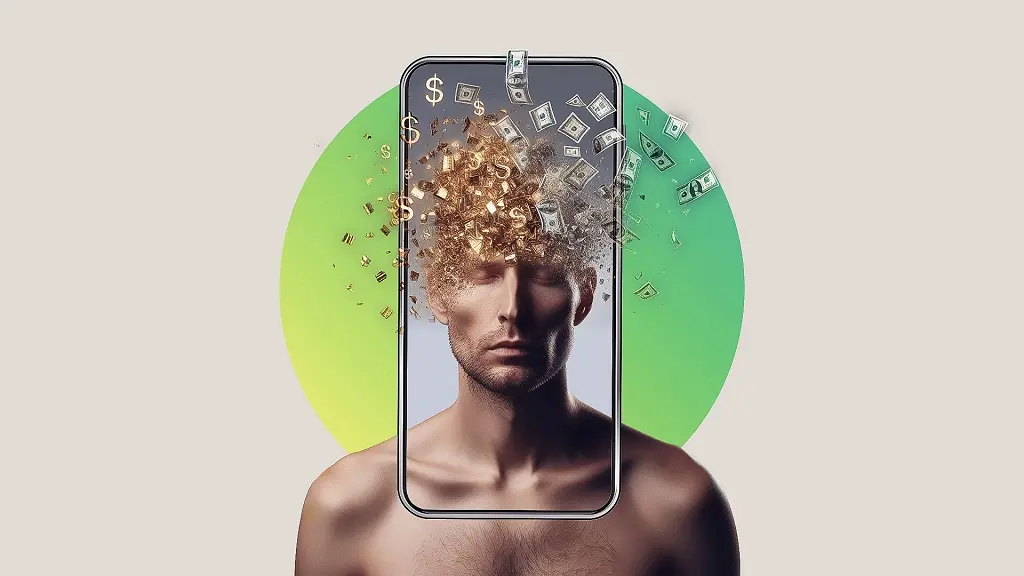 Imagem de um homem dentro de um smartphone, com diversas cédulas girando em torno dele