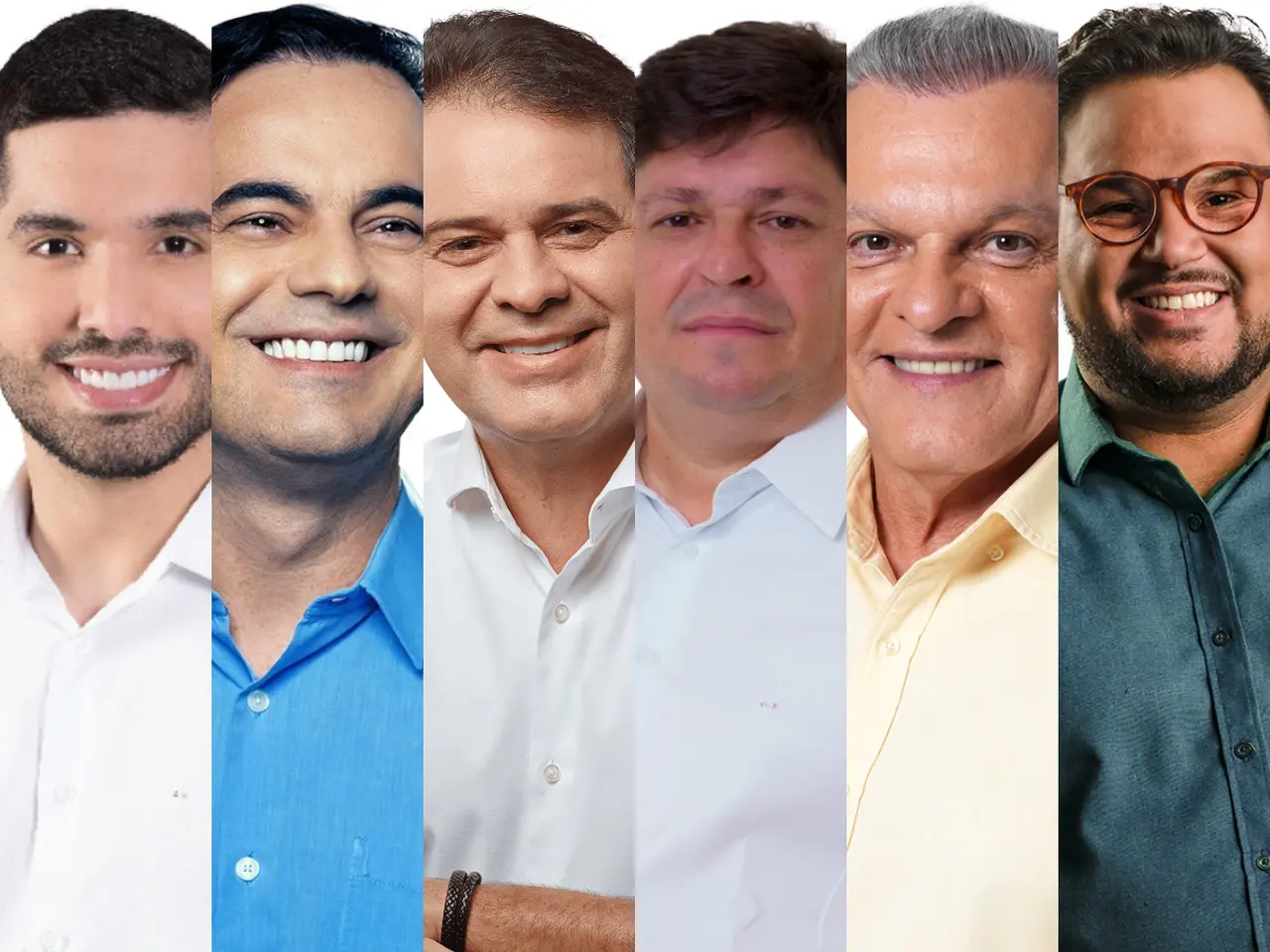 Montagem de fotos dos candidatos à Prefeitura de Fortaleza André Fernandes, Capitão Wagner, Evandro Leitão, George Lima, José Sarto e Técio Nunes