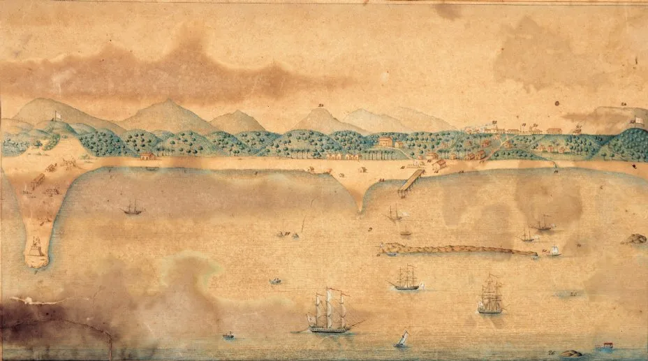 Prospecto da Vila da Fortaleza de Nossa Senhora da Assunção, datado do início dos anos 1800, mostra um pequeno píer (à direita) para uso dos navios