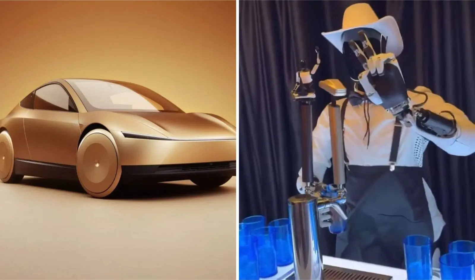 Montagem de fotos mostra robotáxi à esquerda e robô faz tudo à direita