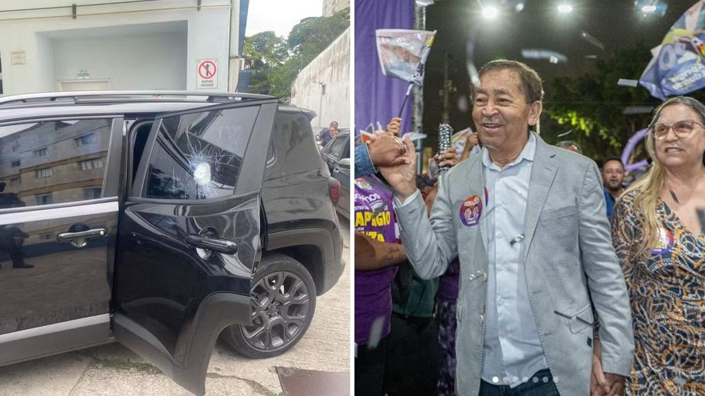Montagem de carro baleado e prefeito de Taboão da Serra