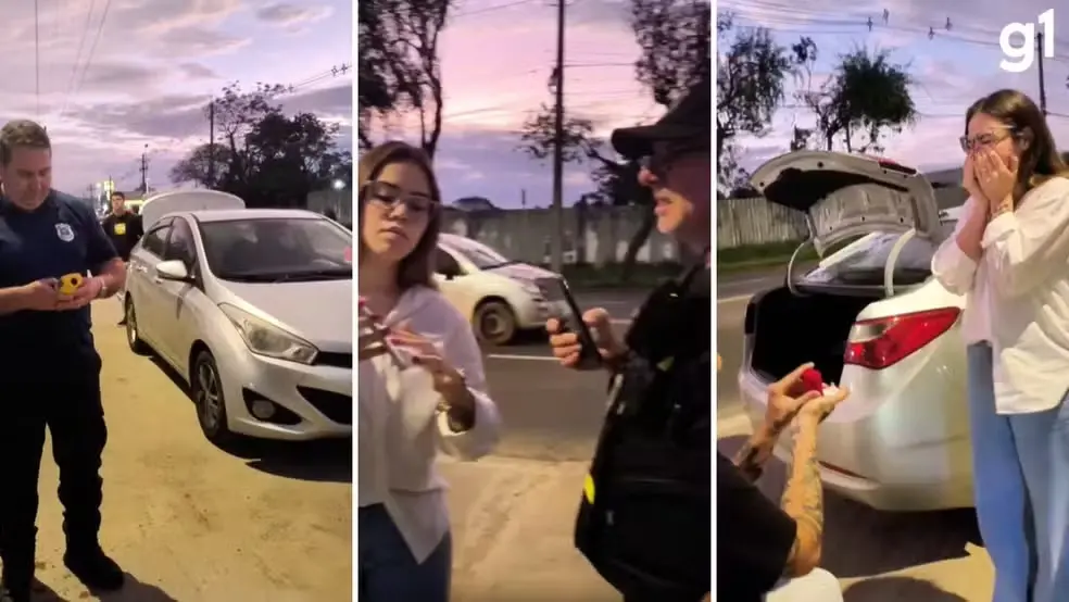 Imagem da notícia: 'Embriagado de amor': Homem finge parada em blitz para pedir namorada em casamento