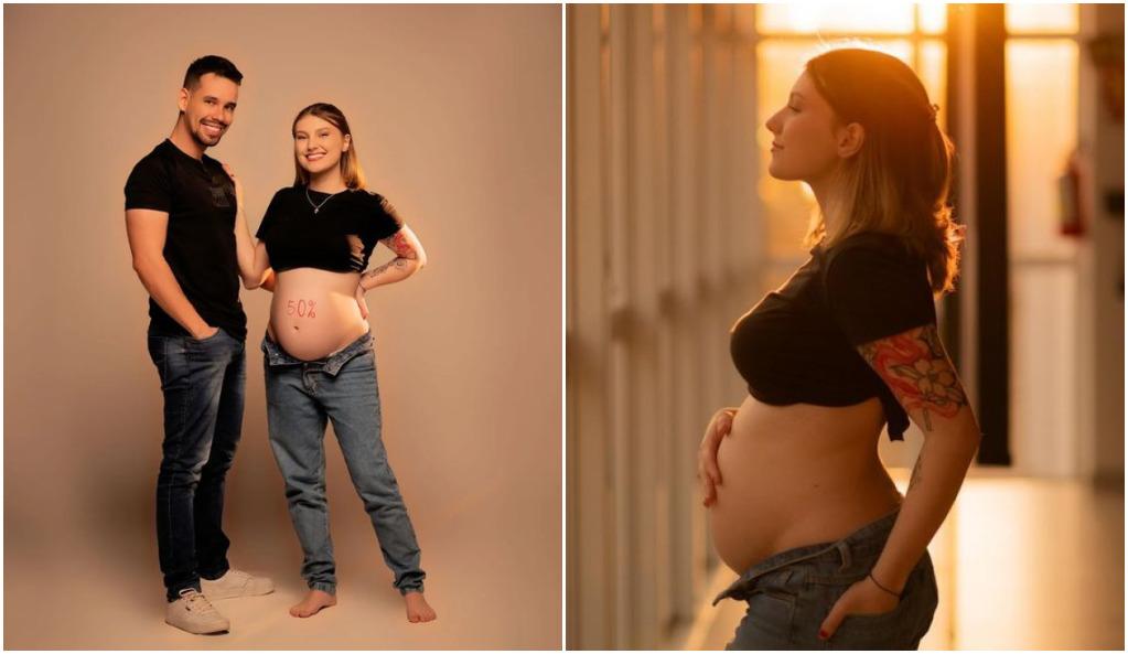 Montagem de duas fotos. À esquerda, Isabel Veloso e o marido. À direita, ela posa de lado, com a mão na barriga, mostrando a gestação