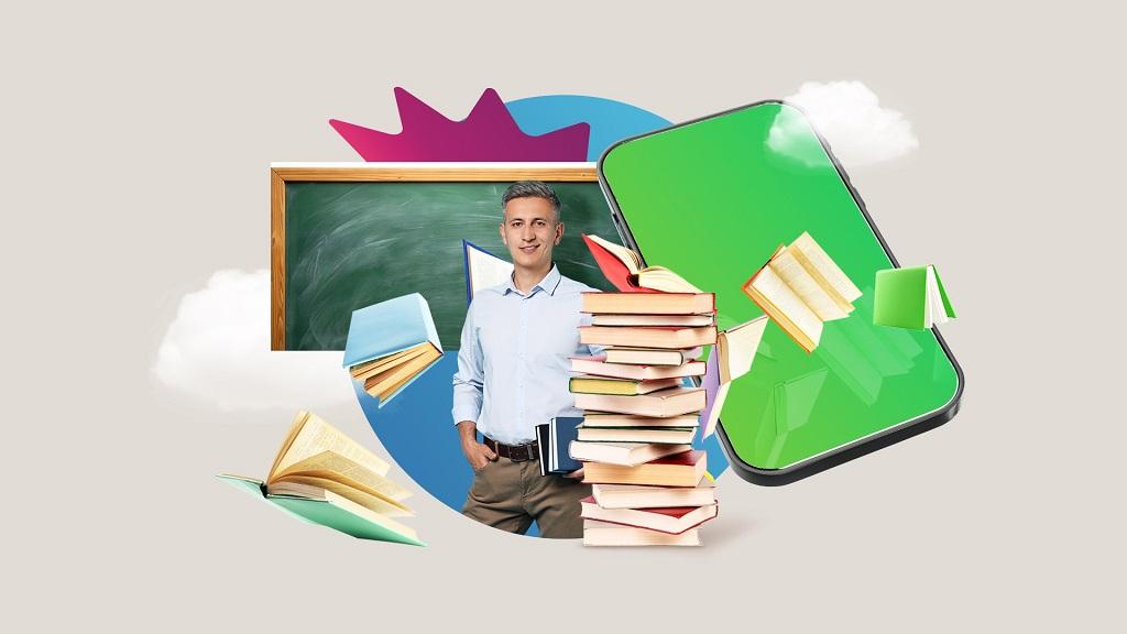 Montagem com um homem representando um professor, com vários livros e um smartphone