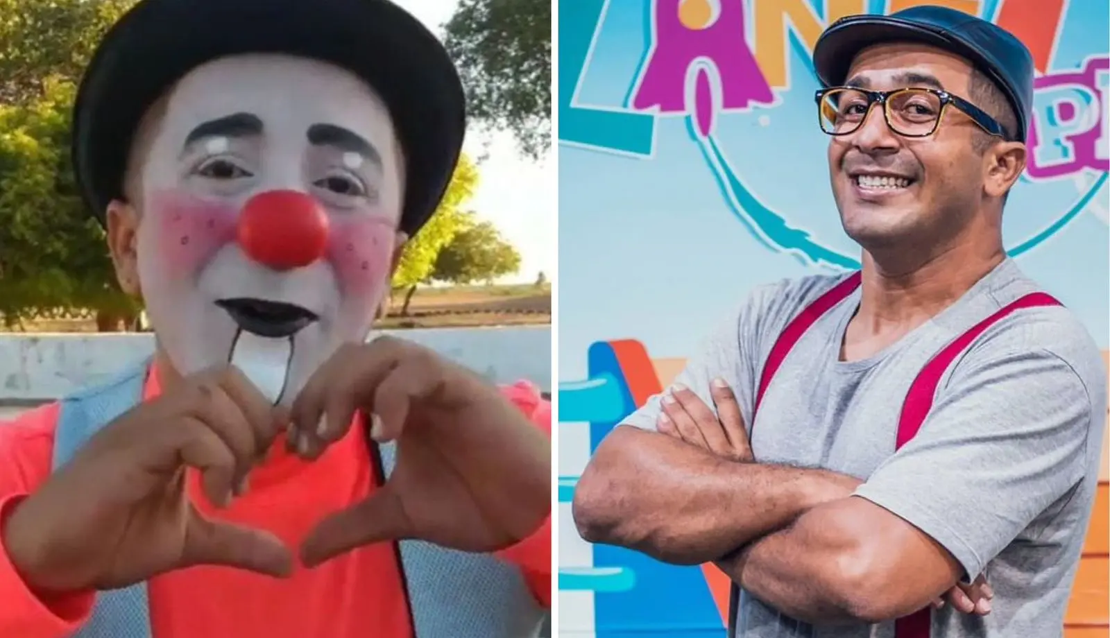 Montagem de fotos mostra Francisco Elton vestido de palhaço à esquerda e sem a fantasia à direita. Ele era um homem negro de meia idade e usava óculos de grau de armação grossa