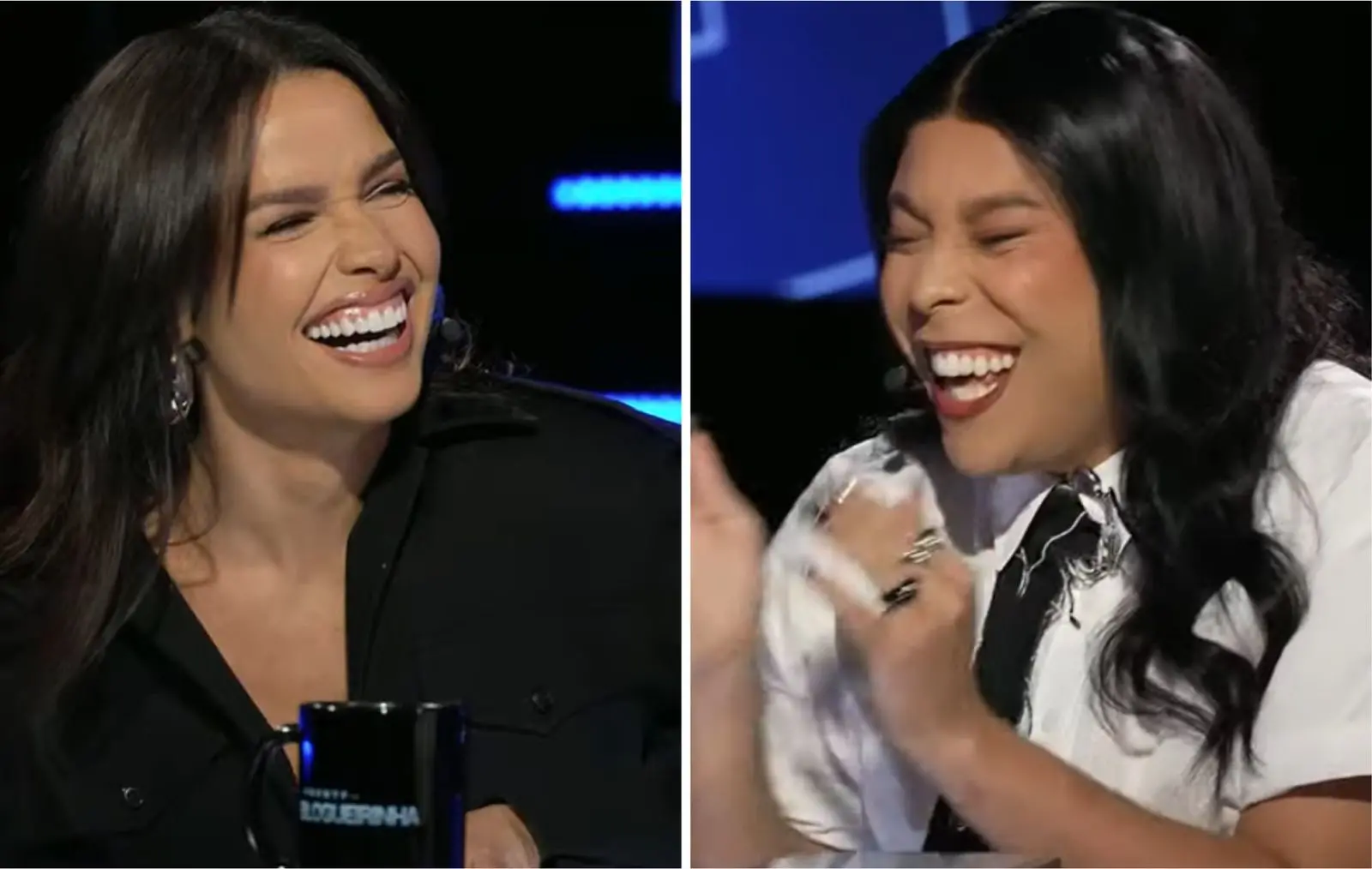 Montagem de fotos mostra Juliette à esquerda e Blogueirinha à direita, as duas rindo durante entrevista