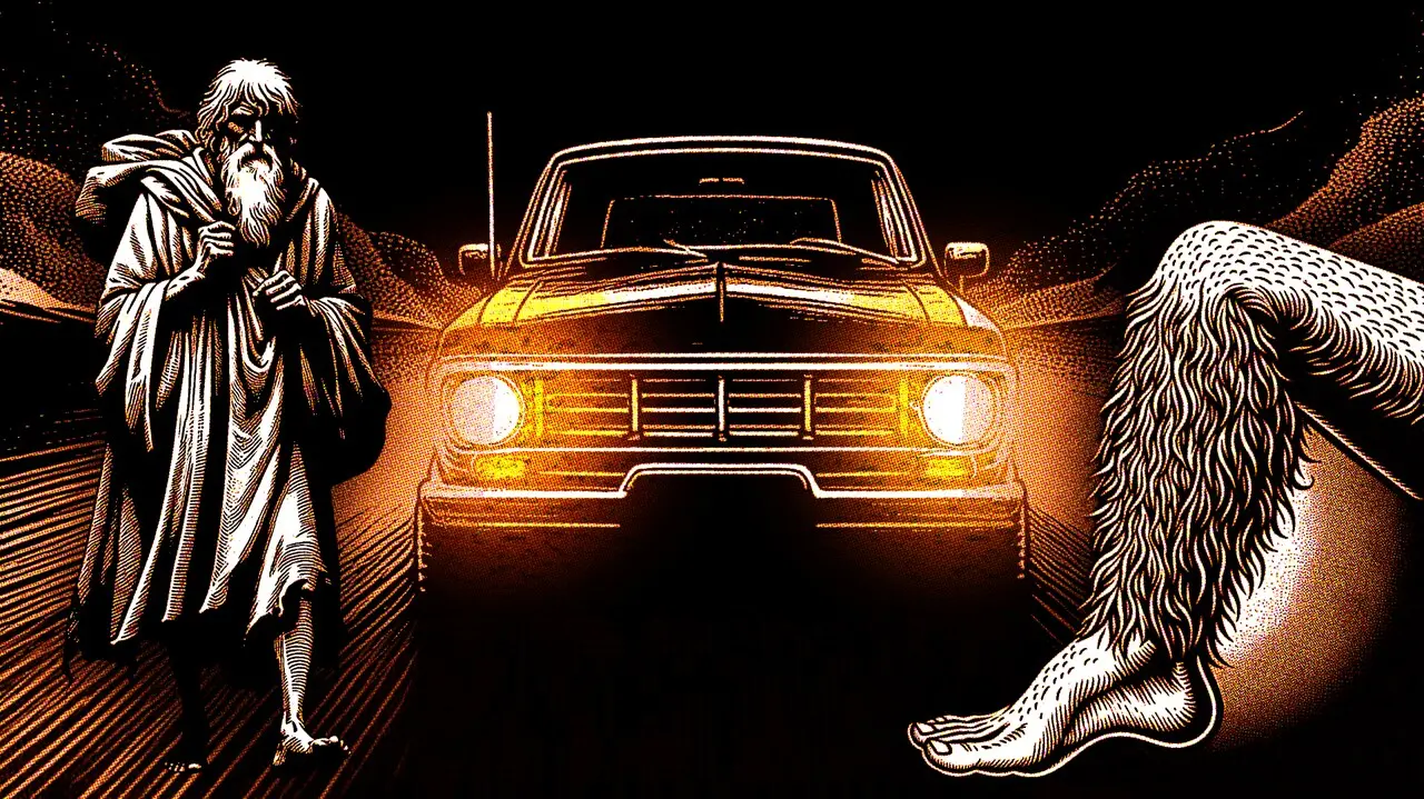 Ilustração remetendo a personagens de lendas do Ceará: velho do saco, perna cabeluda e hilux preta