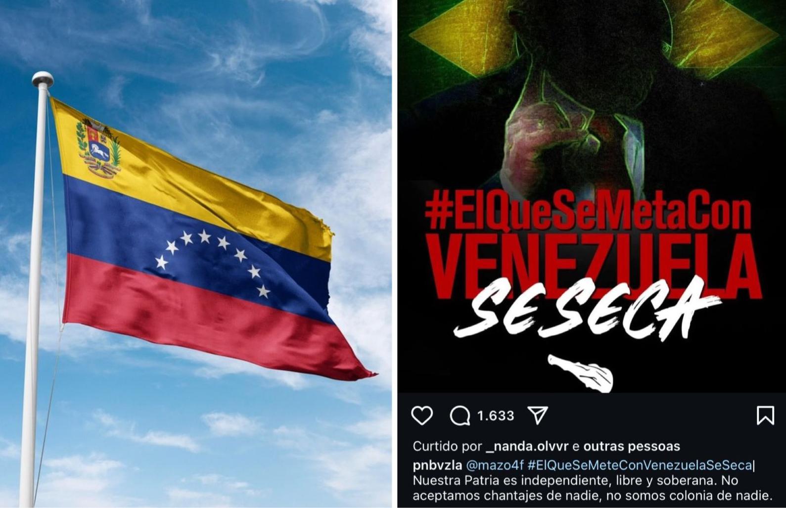 Montagem de fotos mostra bandeira da Venezuela à esquerda e postagem à direita