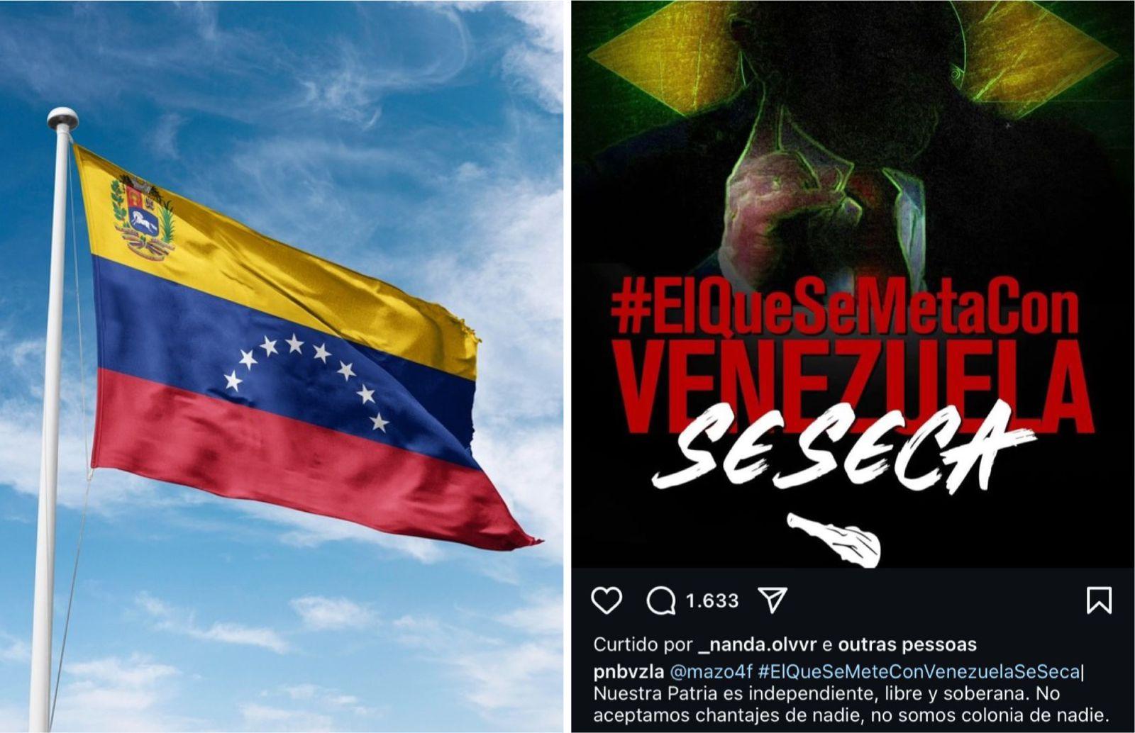Montagem de fotos mostra bandeira da Venezuela à esquerda e postagem à direita