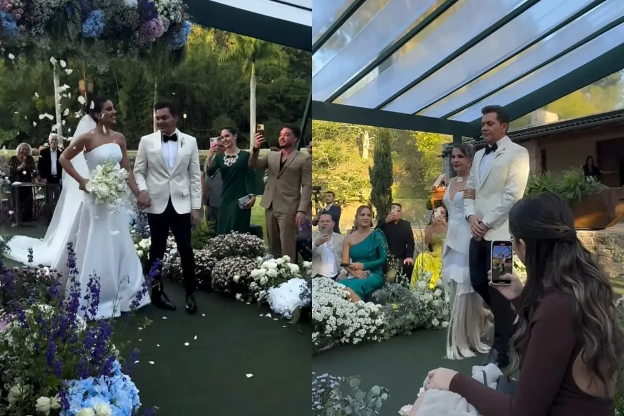 Casal casou em São Paulo (SP). Na primeira imagem, Watila e Marina Leite. A segunda, apresenta o noivo acompanhado da mãe, Dona Bil