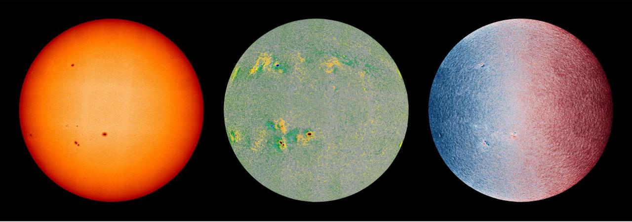 Da esquerda para a direita, você vê o Sol em luz visível, um mapa magnético do Sol e um mapa da velocidade da linha de visão e direção do movimento do material na superfície visível do Sol